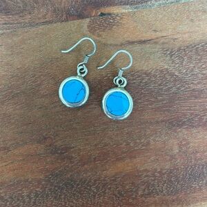 Mexico Vintage Sterling Silver 9mm Turquoise Circle Dangle Earrings - 13.3 Grams